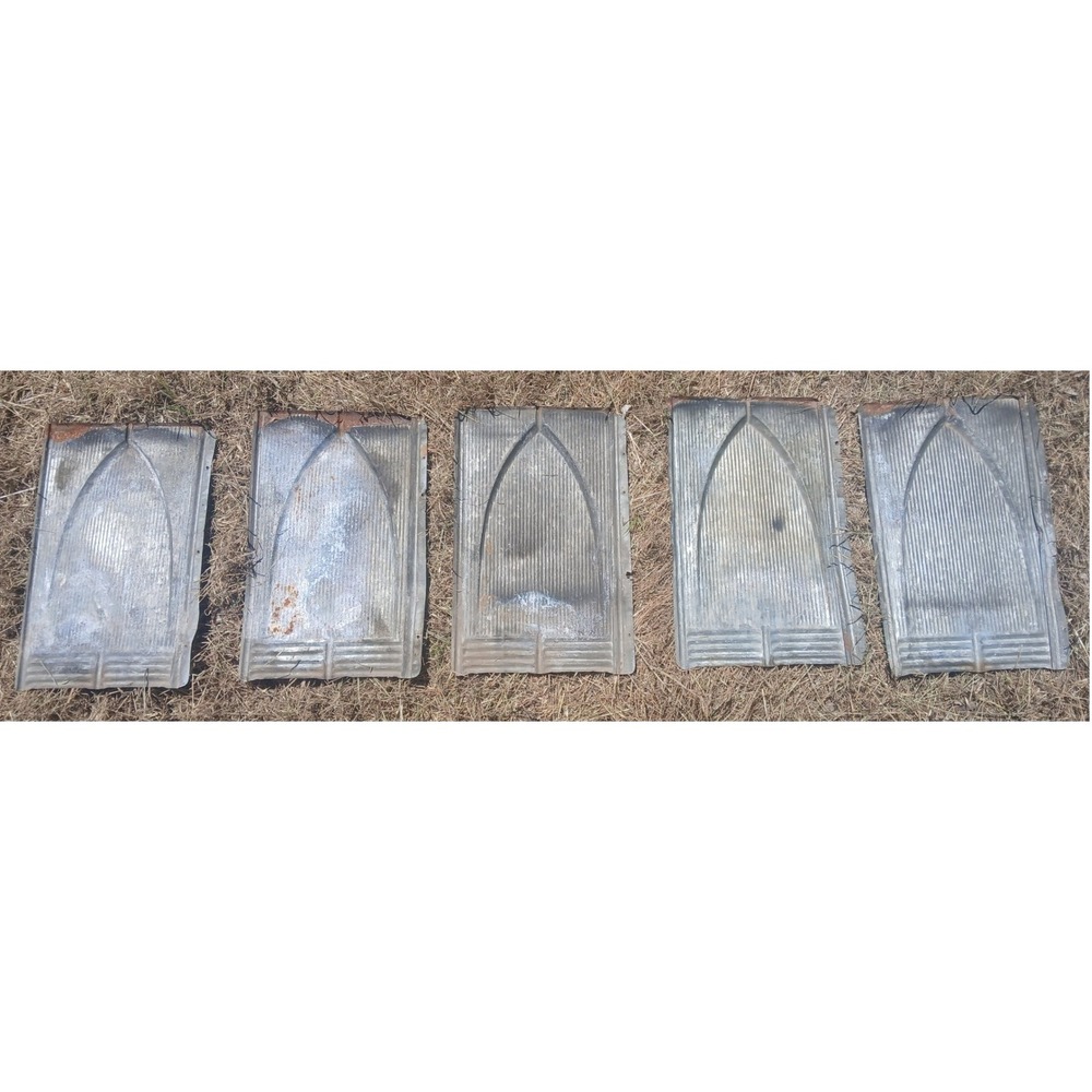 5 Antique Galvanized Metal Roof Tiles Gothic Arch Embossed Architectural Salvage